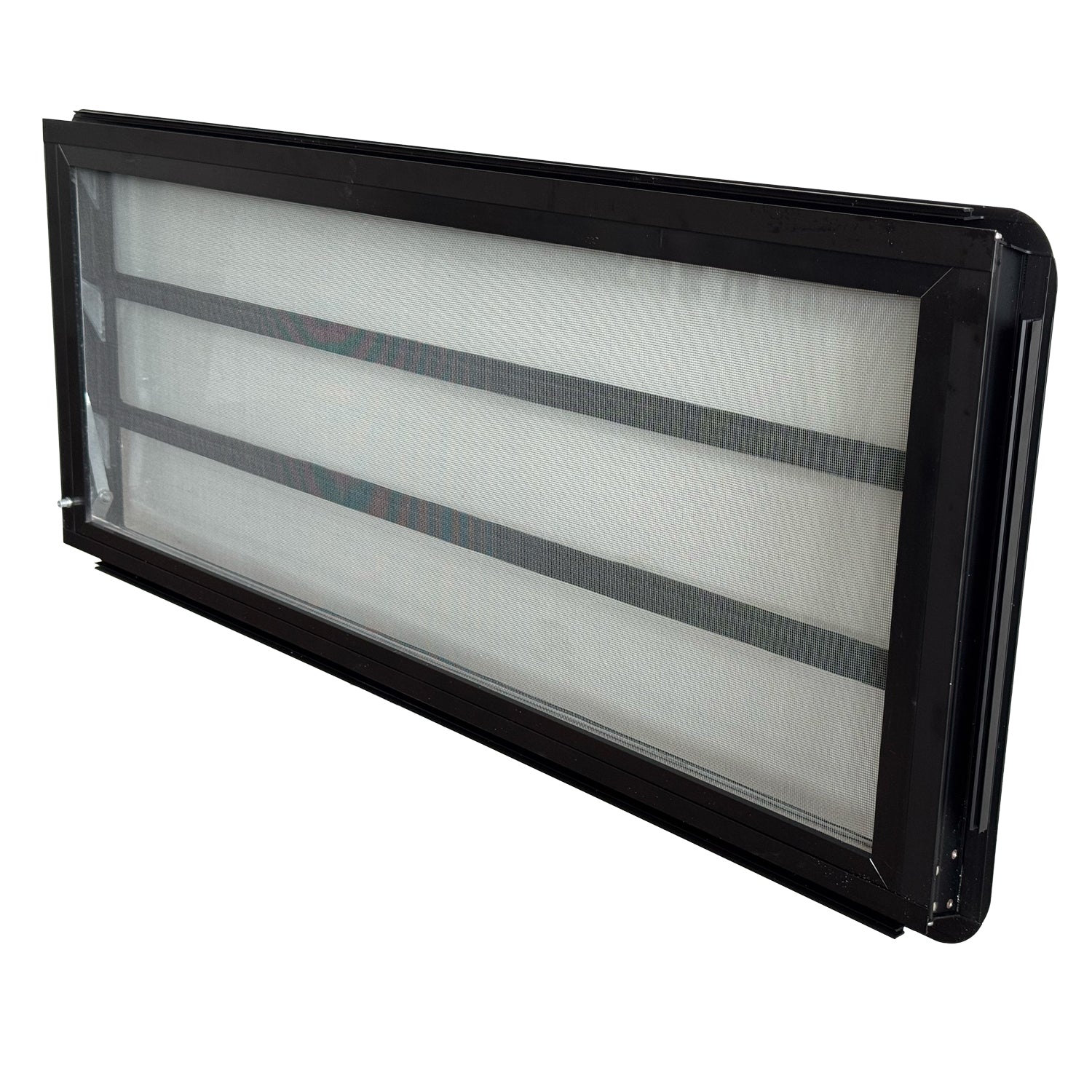 VW T3 Westfalia louvre raam schuifdeur compleet, zwart, knop links — VintageDub