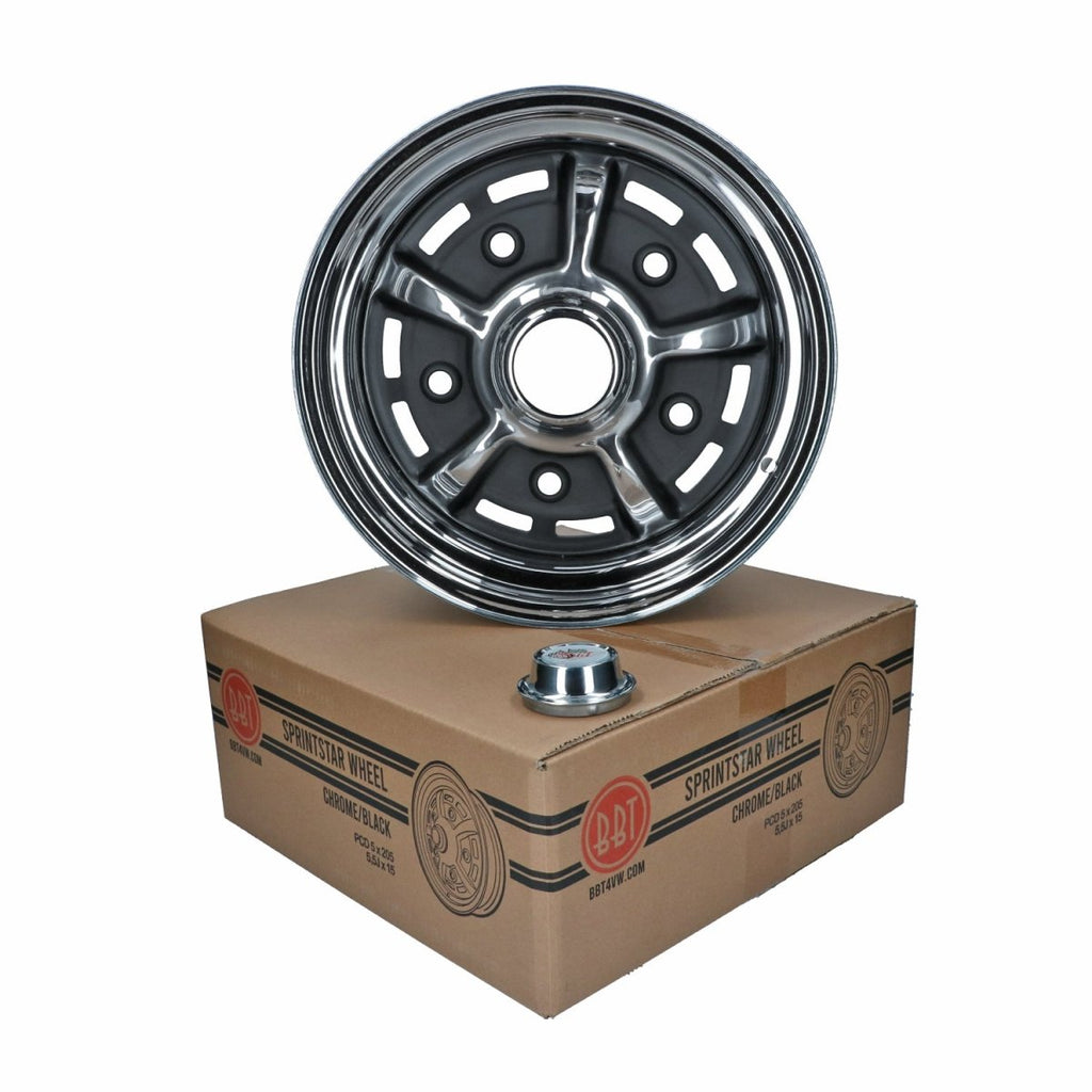BBT Sprintstar 5,5 x 15", ET +25 chroom/zwart, 5-gaats (5x205) velg