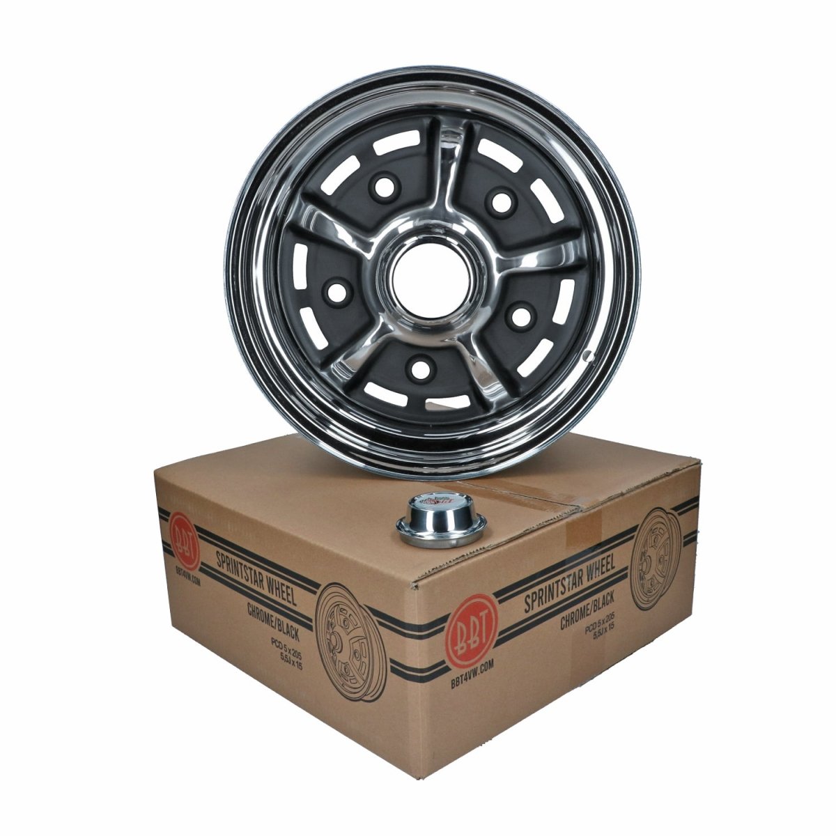 BBT Sprintstar 5,5 x 15", ET +25 chroom/zwart, 5-gaats (5x205) velg