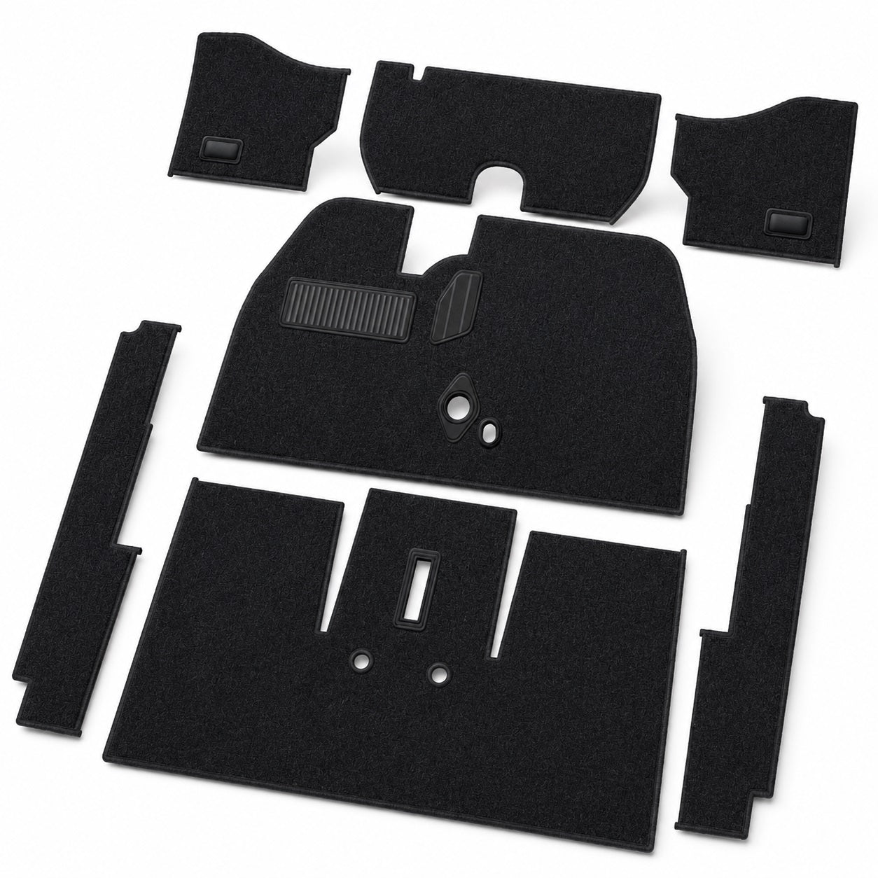 VW Kever | TMI Bouclé interieur tapijtset deluxe, zwart (7-delig) | Kever sedan LHD: exportmodellen, VW1300 en VW1500 08/62 - 07/64, zonder voetensteun