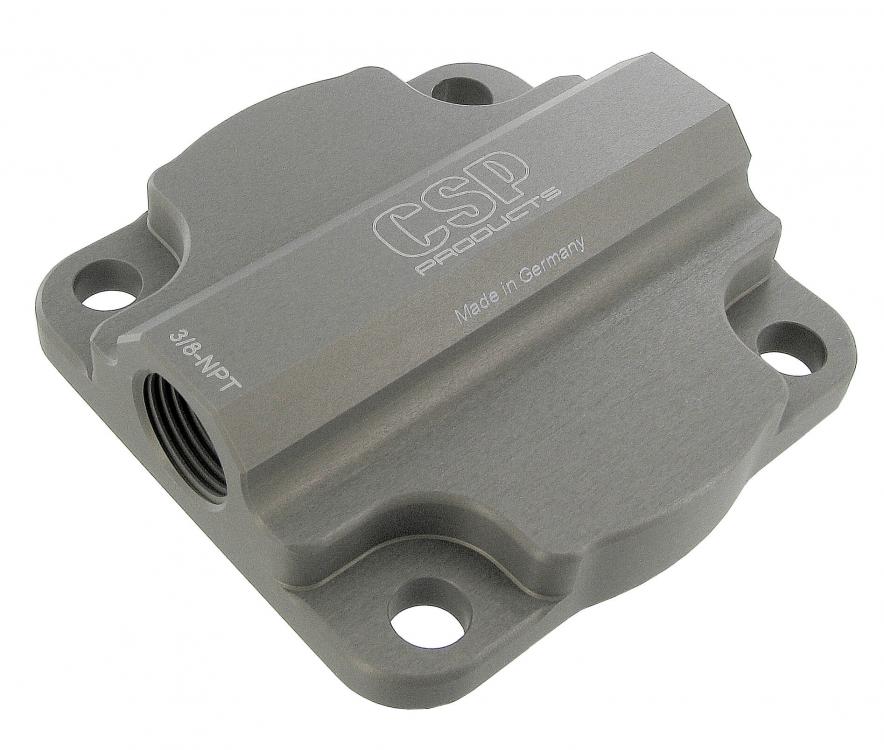 CSP Aluminium full flow oliepompdeksel met overdrukventiel | Type-1 motoren: 1200cc 1967 (D 0230001) en later, 1300cc 1967 (E 0013651 en F 1225018) t/m 07/70 en 08/70 en later (alle 1300cc motorcodes), 1500cc 1967 (L 0018100 en H 0822052) en later, 1600cc