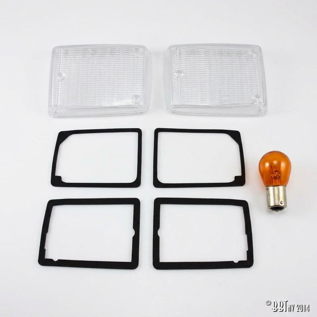 Knipperlichtglas wit set links + rechts met rubbers en lampen | VW T2 Bus 08/72-07/79 | 211 953 165D